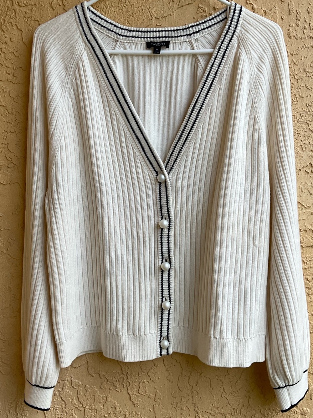 Talbots Ivory Pearl Button V-Neck cardigan W/ Black Stripe Trim SZ LP - Picture 8 of 16